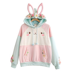 Pastel Pink and Mint Green Bunny Hoodie with Floral Details and Bunny Ears on transparent background