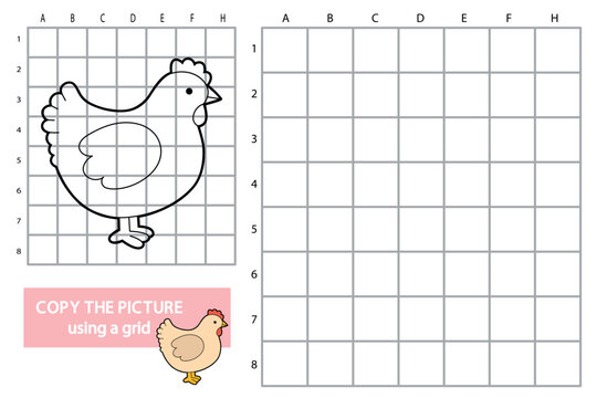 Kids worksheet with a cute hen character. Copy the picture using a grid activity for children. Black and white line art with empty grid for drawing practice, learning, education and fine motor skills.