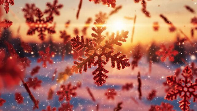 The scene features red snowflakes falling gently against a sunset backdrop. The sky showcases vibrant colors as the snowflakes drift through the chilly air.