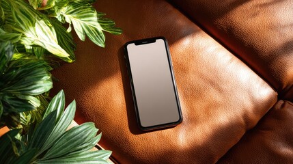 Blank screen smartphone on luxury brown leather couch with green indoor plant. Flatlay top view