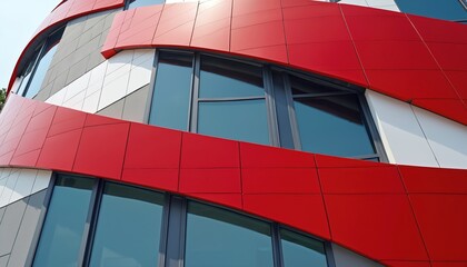 Modern building facade features red and white panels with curved sections and prominent windows. Geometric exterior design with grey steel accents and clear glass panes.