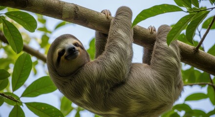 Fototapeta premium A gentle sloth hanging peacefully from a thick tree branch amidst lush green foliage in its natural jungle habitat.