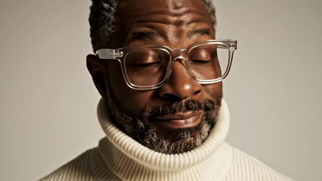 A close-up portrait of a man wearing a high-collared white sweater, showcasing his glasses and well-groomed beard, exuding confidence with a neutral background highlighting his expression