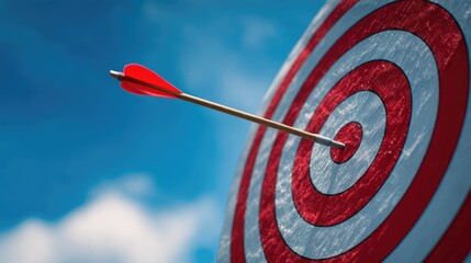 Darts or archery target with red rings, arrow in the bullseye with bright blue sky background. Hitting the target success concept