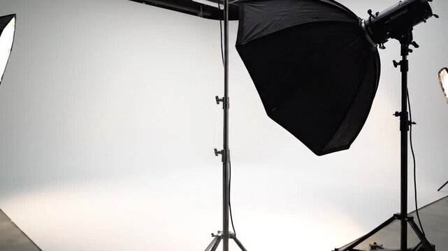 Professional photo studio with seamless white background, black lights, reflective floor