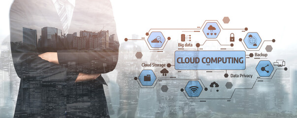 A businessman stands confidently against a modern cityscape backdrop, with cloud computing icons emphasizing technology, security, and data management challenges. Tessel