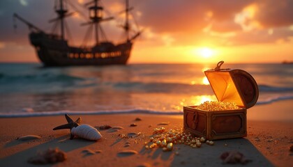 Obraz premium Opened chest spills gold on beach near ocean. Old ship sails on sea during sunset. Starfish rests on sand by treasure box. Adventure awaits.