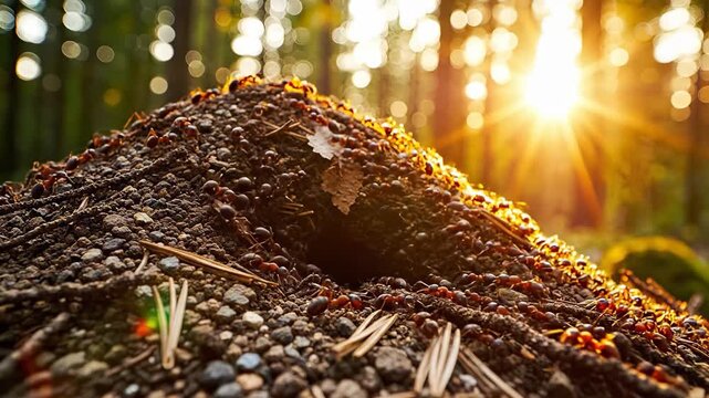 A large ant hill is visible in a forest setting. The sunlight filters through the trees, highlighting the ant hill and the surrounding natural elements.