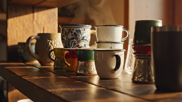 Diverse steaming mugs and cups line a sunlit rustic wooden shelf, casting warm shadows