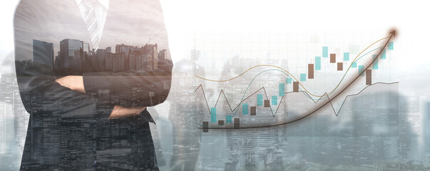 Dynamic image of a businessman in formal attire, viewing a bustling city with financial charts and trends overlay. Represents modern finance and investment strategies. Impute