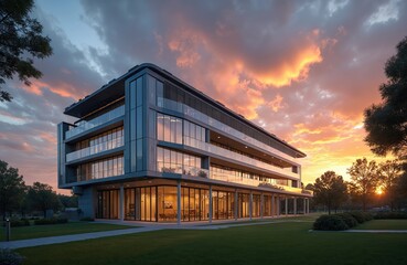 Fototapeta premium Modern glass building with multiple floors and balconies. Lush green lawn surrounds the structure. Sunset sky with orange clouds illuminates the scene.