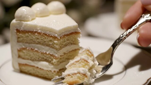 Close-up of a delicious multi-layered cake being cut with a fork.