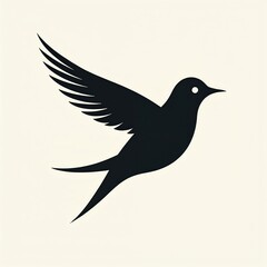 Obraz premium Minimalist black bird silhouette flies gracefully. Simple geometric sparrow icon. Symbol of freedom, travel, nature, and eco ideas. Clean visual graphic for branding.