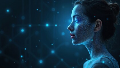 Woman face covered in blue digital particles. Glowing eyes and skin signify data or AI integration. Futuristic portrait related to identity and cyber security concepts.