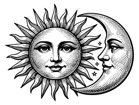 Hand drawn line art illustration of sun and moon depicting celestial faces for mystical designs
