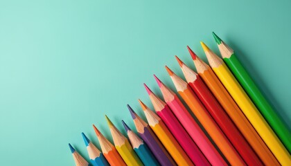 Color pencils are arranged diagonally on a pastel blue background. They display a spectrum of bright colors from blue to green. The arrangement allows ample empty space for text.