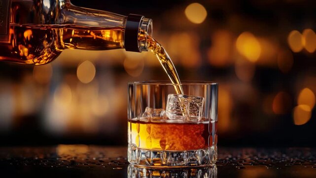 Premium Whiskey on Rocks in Dark Bar Atmosphere