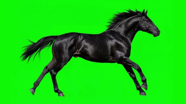 A black arabian horse galloping isolated on a green screen, slow motion in a looping animation
