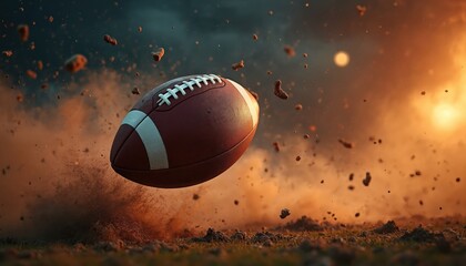 American football flies through air kicking up dirt and debris. Intense game action unfolds under dramatic stormy sky. Powerful moment of sport competition captured mid flight.