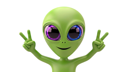 Green cartoon alien with peace signs and heterochromia eyes