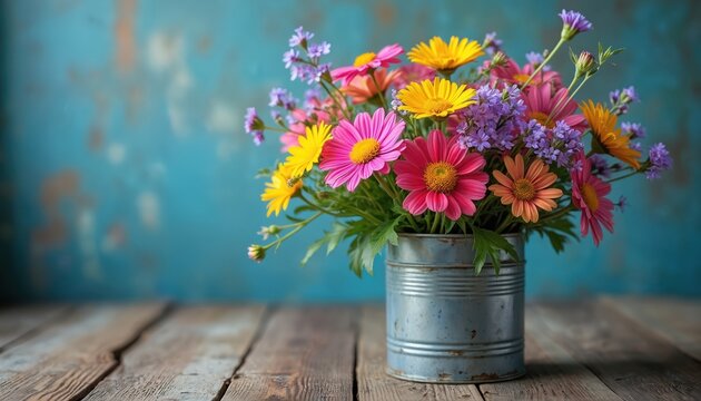 Colorful wildflower bouquet sits in rustic tin can on wood table. Bright petals pop against teal textured wall. Fresh nature decor for spring or summer.