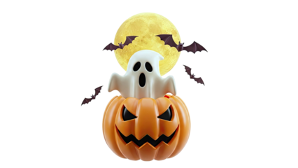 Halloween Ghost in Pumpkin with Bats and Full Moon