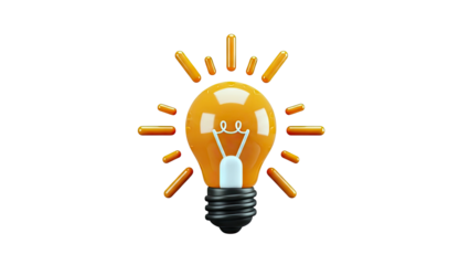 Orange light bulb with radiating lines on white background