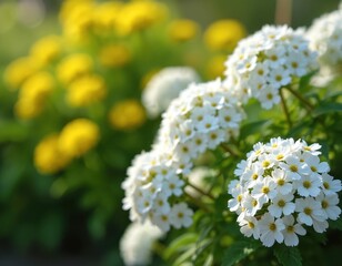 White candytuft flowers bloom in a garden with blurred yellow blossoms behind. Small petals with yellow centers create dense clusters on green stems.