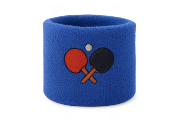Blue wristband featuring embroidered table tennis rackets and ball