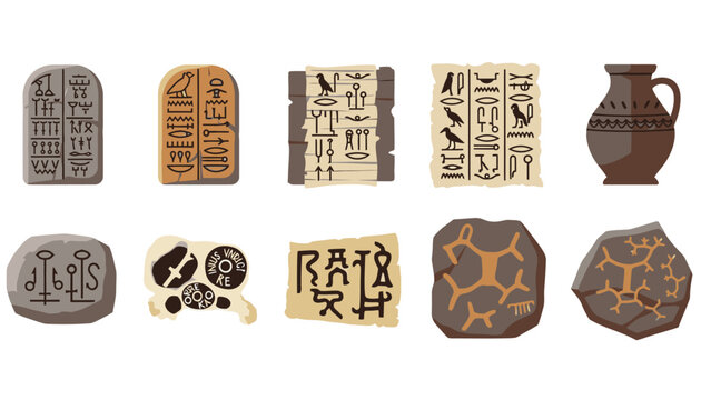 Ancient artifacts and relics with hieroglyphics and symbols, displayed in a collection, viewed from a straightforward perspective