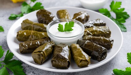 Delicious grape leaves stuffed with rice and herbs, served with a creamy yogurt dip on a white plate, perfect for a Mediterranean meal
