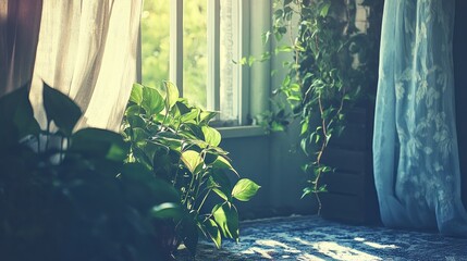 Sunlight streams through a window, illuminating houseplants and sheer curtains.