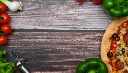 Homemade pizza with fresh ingredients like tomatoes, bell peppers, and garlic on a rustic wooden table. Perfect culinary flat lay with copy space