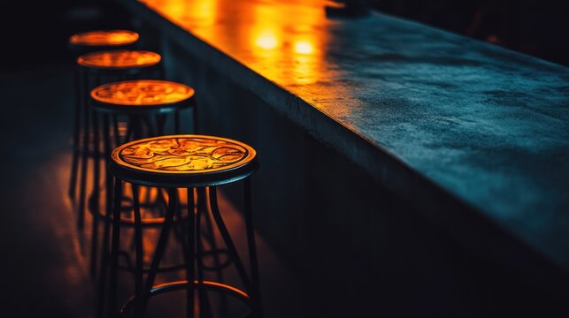 Bar stools at a dark night bar.