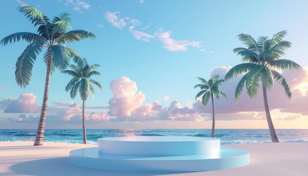 3d blue palm render for summer tropical. background product display podium scene with holiday tropical platform. summer background vector 3d with podium. stand for cosmetic product display