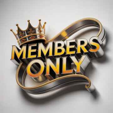 Metallic members only emblem with gold lettering crown and sweeping ribbon forms on a dark silver badge creating a premium exclusive access design for clubs subscriptions rewards and vip programs