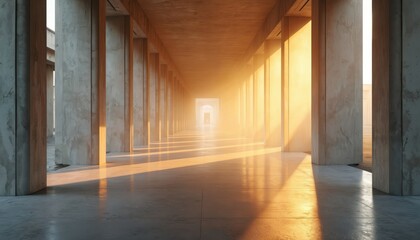 Long concrete corridor interior. Tall pillars line both sides casting long shadows. Warm sunlight streams in creating a dramatic golden glow, illuminating the path forward.
