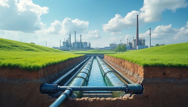 Cross section of large pipes for oil or gas transport beneath green grassy hill. Industrial factory complex sits on horizon under blue sky with clouds.