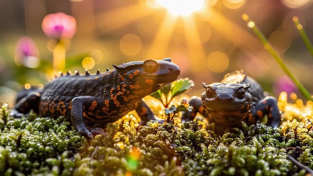 Two colorful newts are on mossy ground, illuminated by sunlight. The scene features vibrant flowers and a sparkling atmosphere with natural beauty.