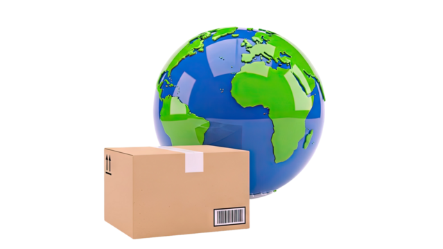 Cardboard Box with Barcode and Globe - Powered by Adobe