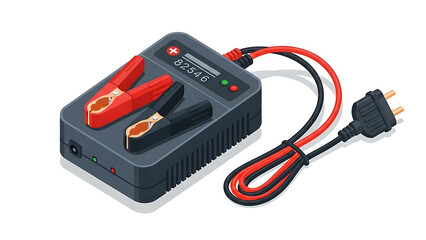 A car battery charger with red and black cables on a white background