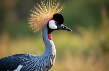 Obraz premium Grey crowned crane bird portrait. Unique golden crown feathers, red wattle, white cheek patches. Elegant wild animal in natural grassy habitat. Majestic bird.