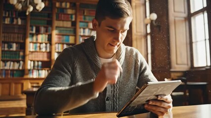 Man studying with tablet in library