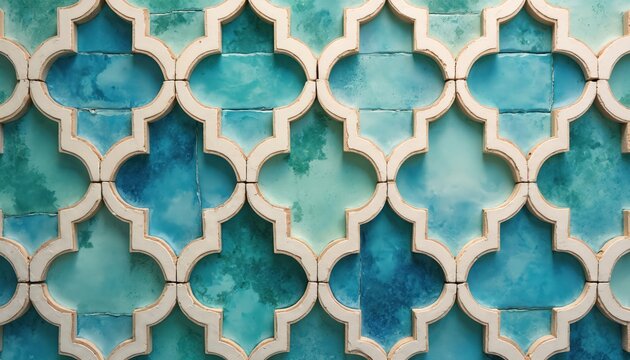 Decorative pattern of blue and green Moroccan Zellige tiles. Geometric arabesque shapes form an ornate symmetrical design. Intricate mosaic creates a rich textured background.