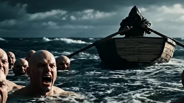 A hooded boatman rows through a churning sea amidst desperate allegorical depiction of the challenging journey through change and the imperative for Digital Literacy Evolution in a transforming world.