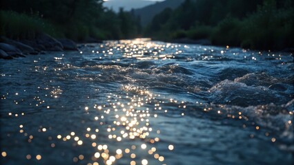 A shimmering river glistens under the evening light, showcasing gentle waves and sparkling reflections against a serene landscape.