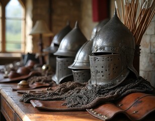 Medieval warrior helmets and armor displayed on wooden table. Metal head protection gear arranged near arrows and leather items. Historic battle equipment set for presentation.