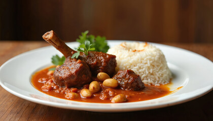 Tender lamb chunks stewed in rich tomato peanut sauce served with fluffy white rice. Garnished with fresh parsley and peanuts, this hearty meal offers a taste of West African cuisine.