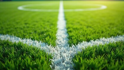 Fototapeta premium Close up of vibrant green soccer field grass texture with bright white field marking line. Focus on blades detail. Bright sunny day, sports arena surface.