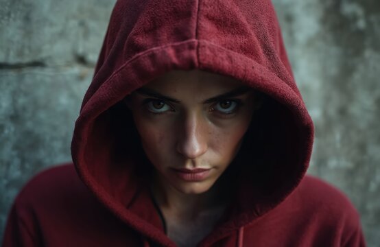 Person in red hoodie stares intensely forward, facing the camera with a serious expression. Textured wall background creates a dramatic and mysterious mood. Young adult with a focused look.
